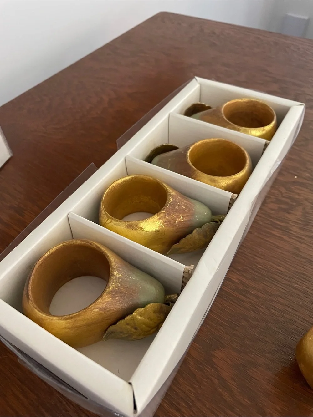 Gold and Green Pear Napkin Rings like new set of 6